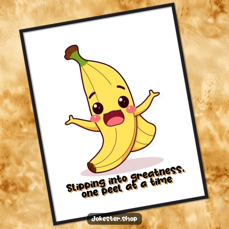 Funny Free Printable Wall Art: A comical cartoon banana peel in mid-slip, wearing a surprised expression and a wide grin.
