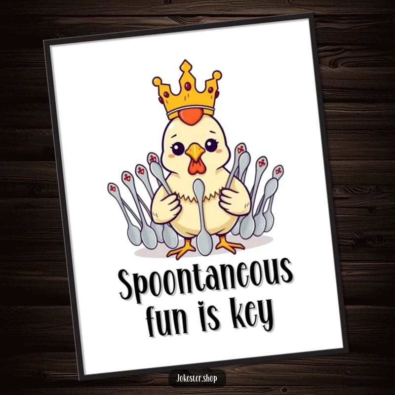 Funny Free Printable Wall Art: A rubber chicken wearing a tiny crown, commanding an army of spoons with hilarious authority.