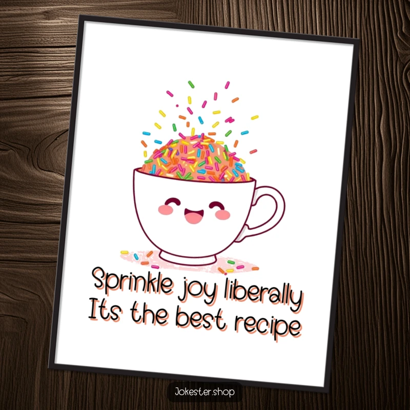 Funny free printable wall art of a charming teacup overflowing with a cascade of colorful, dancing sprinkles.