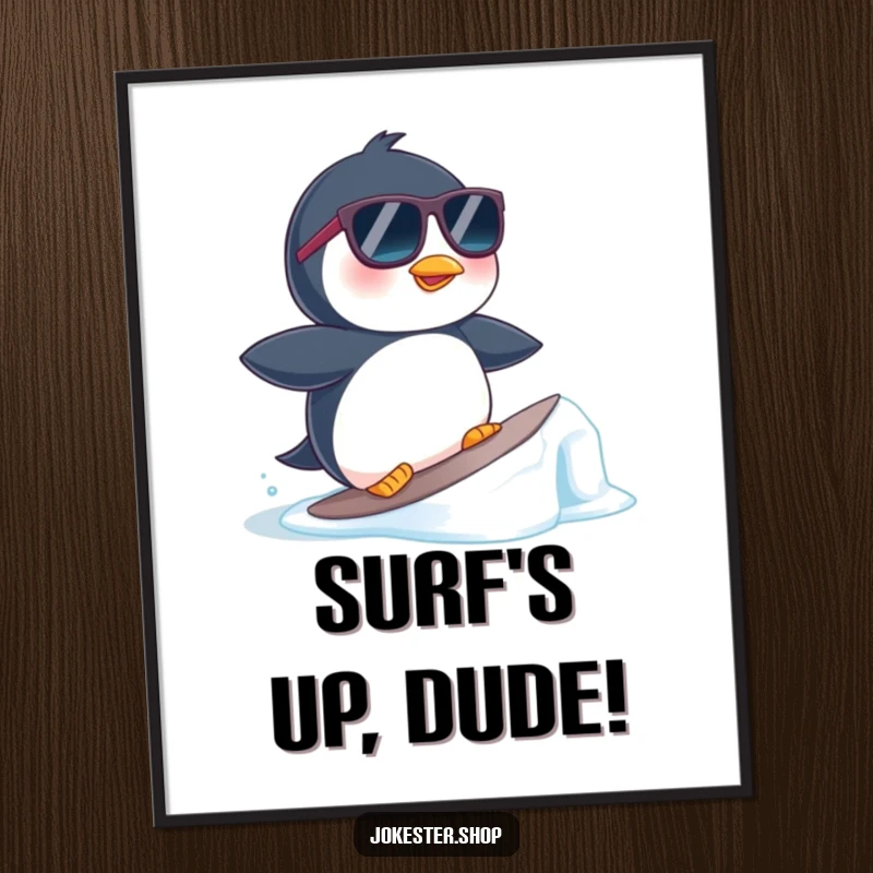 Funny Free Printable Wall Art showcasing a penguin in sunglasses masterfully surfing a tiny ice floe with a laid-back attitude.
