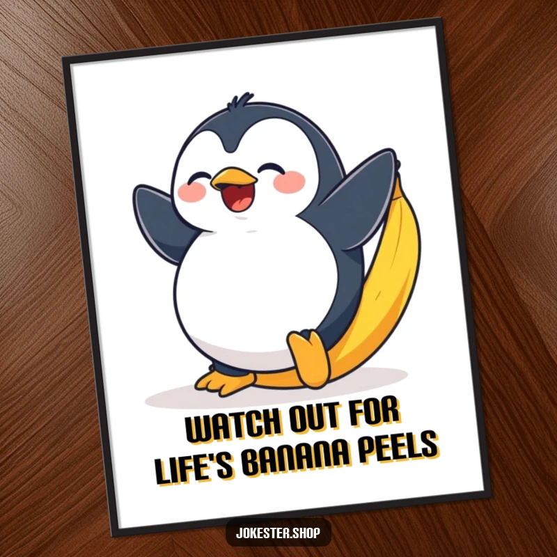 Funny Free Printable Wall Art: A plump penguin hilariously slipping on a banana peel with exaggerated surprise, a comedic scene.