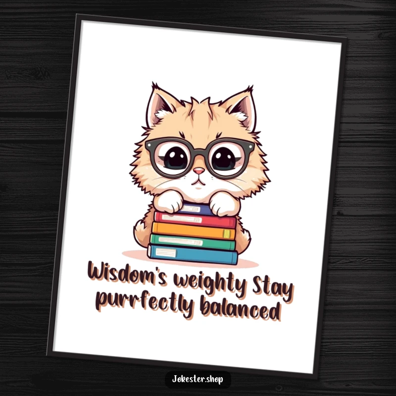 Funny free printable wall art of a fluffy cat in oversized glasses trying to balance a precarious stack of books.