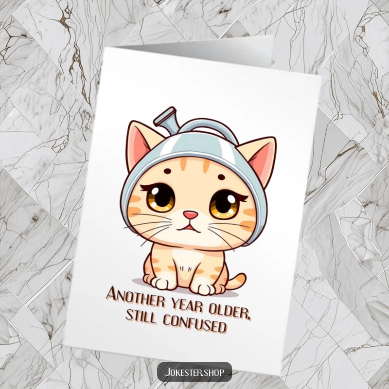 Funny Free Printable Birthday Card: Bewildered cat wearing a watering can as a helmet, wide-eyed surprise.