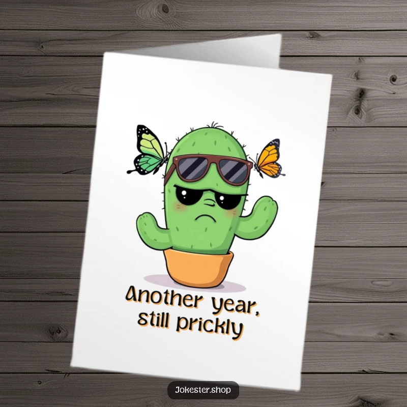 Funny Free Printable Birthday Card: A grumpy cactus in sunglasses glares at a butterfly, looking totally annoyed.