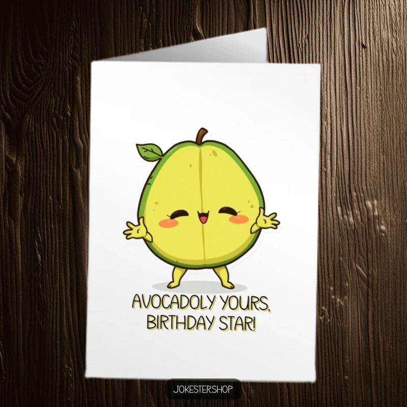 Funny Free Printable Birthday Card featuring a confident avocado doing a dramatic split, cheering loudly for the recipient.