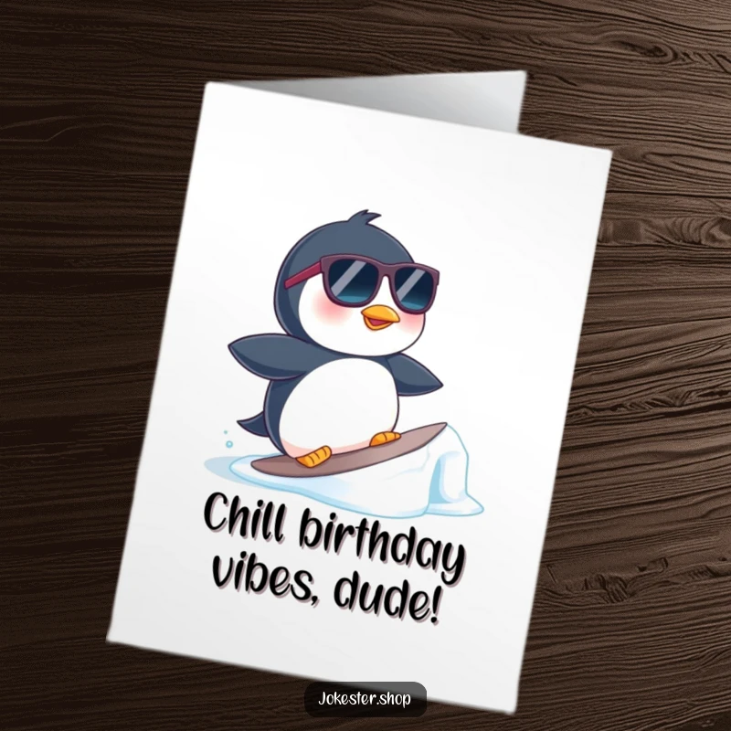 Funny Free Printable Birthday Card featuring a penguin in sunglasses, attempting to surf a tiny ice floe with a cool, determined expression.