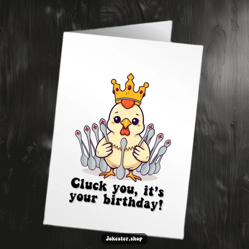 Funny Free Printable Birthday Card: Rubber chicken wearing a tiny crown, dramatically commanding an army of spoons, for a royal birthday.