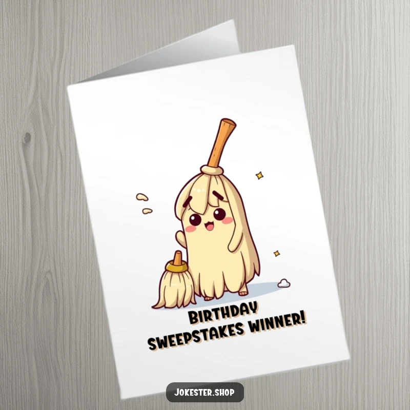 Funny Free Printable Birthday Card: A confused broom trying its best to sweep its own bristles clean.