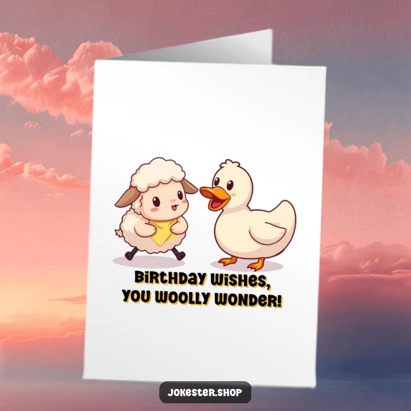 Funny free printable birthday card showing a clumsy sheep hilariously trying to herd a single, very defiant rubber duck.