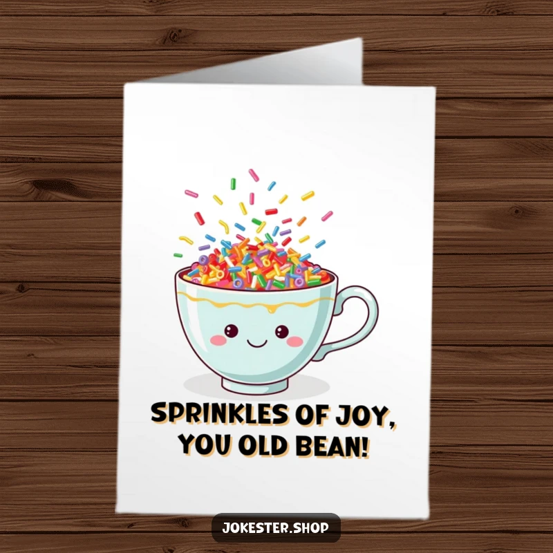 Funny Free Printable Birthday Card: Cheerful teacup overflowing with colorful, dancing sprinkles, ready to party.