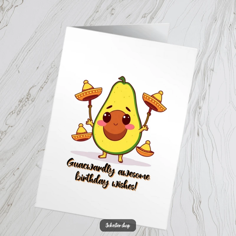 Funny Free Printable Birthday Card: Determined avocado comically juggles three tiny sombreros with a focused expression.
