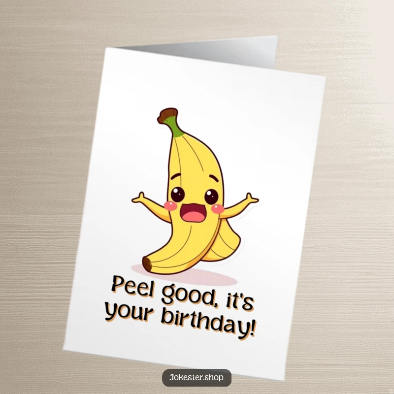 Funny Free Printable Birthday Card: A surprised banana peel grinning as it slips on itself, ready to deliver laughs.