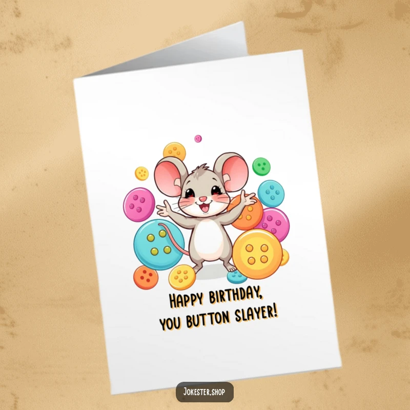 Funny free printable birthday card featuring a happy mouse skillfully juggling large, colorful buttons with impressive dexterity and a smile.