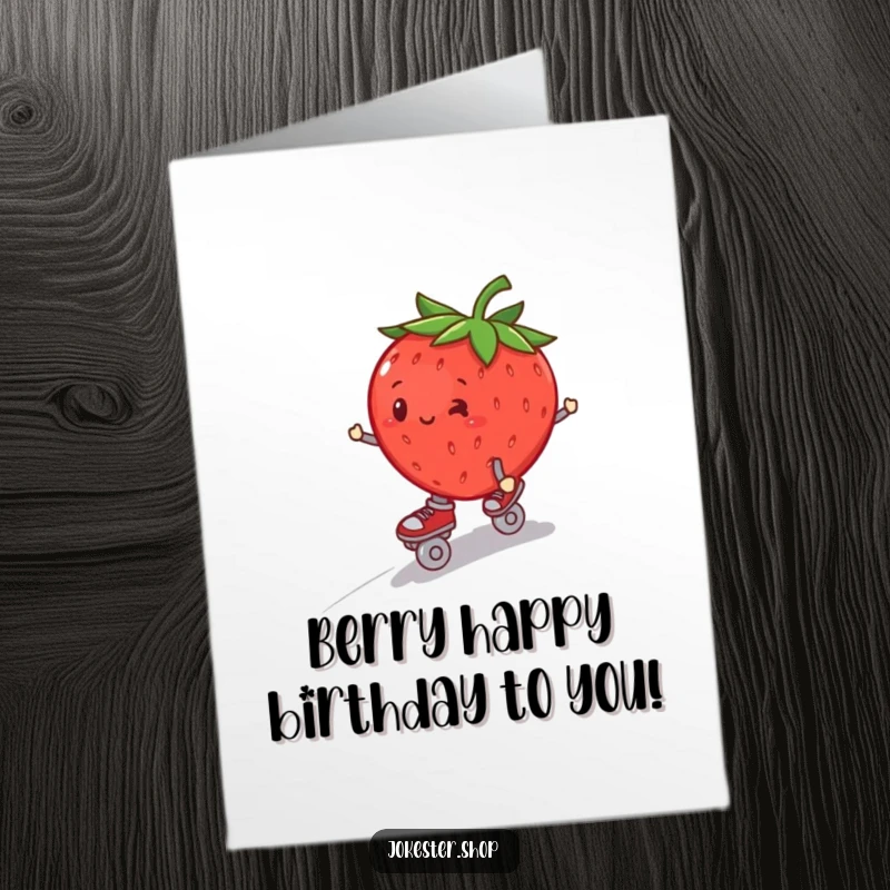 Funny Free Printable Birthday Card: A plump strawberry on roller skates, wobbling downhill, a hilarious downloadable for birthdays.