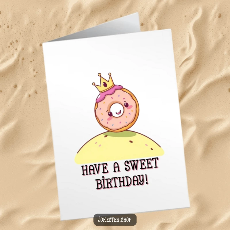 Funny Free Printable Birthday Card: A happy donut with a tiny crown gleefully rolling down a grassy hill.