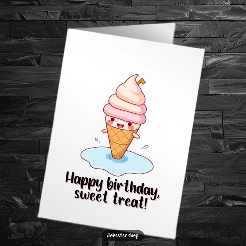 Funny Free Printable Birthday Card: Happy ice cream cone with tiny hat slips on its puddle, a deliciously funny mishap.