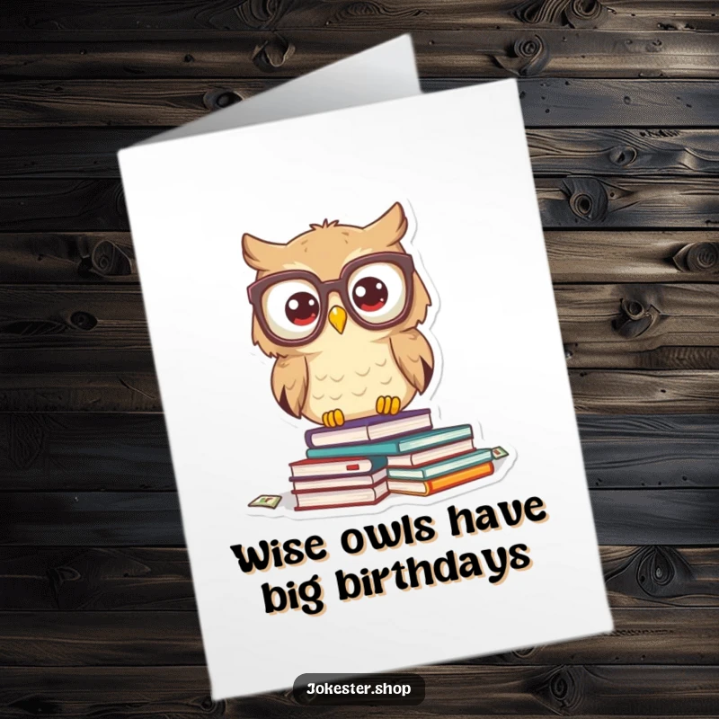 Funny free printable birthday card showing a startled owl in oversized glasses dropping a huge stack of books, looking comically overwhelmed.
