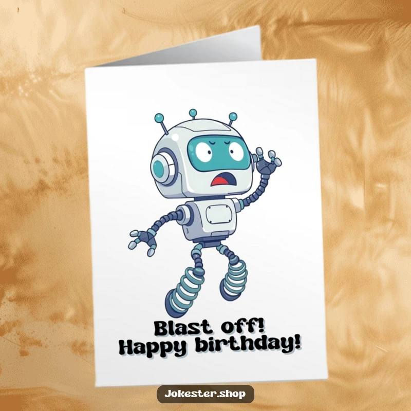 Funny Free Printable Birthday Card: Surprised robot with spring legs leaps upwards, a comical mishap.