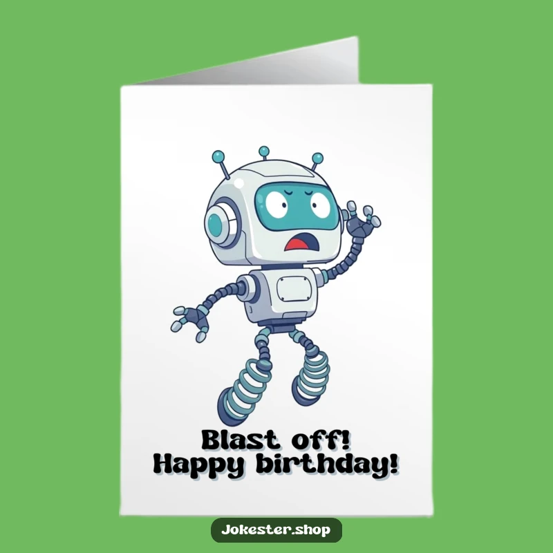 Free Printable Birthday Card: Surprised Robot Launch, Funny Downloadable Gift for Tech Lovers