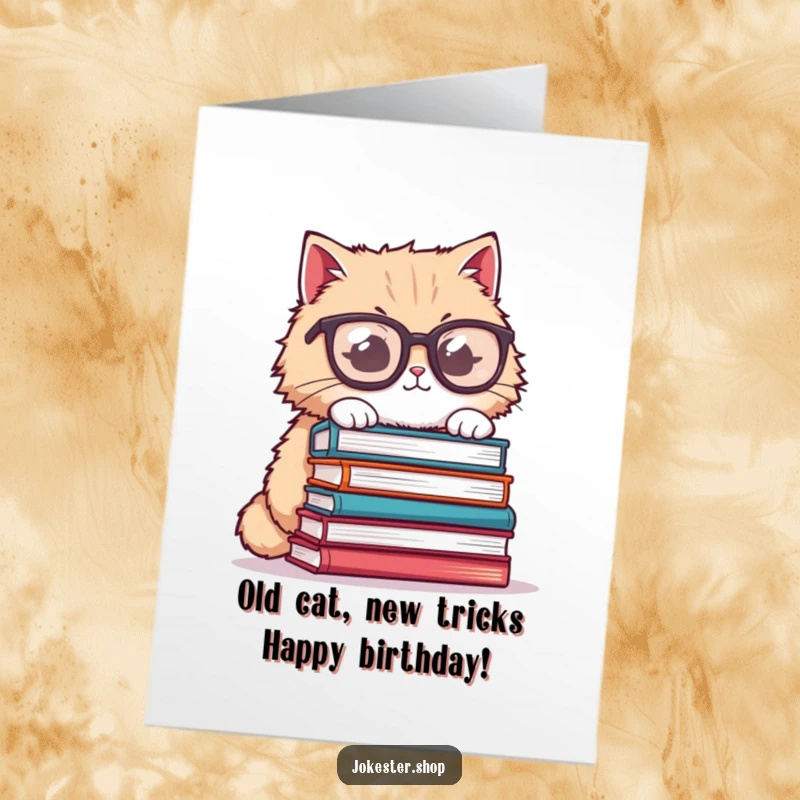 Funny Free Printable Birthday Card: Fluffy cat wearing oversized glasses, precariously balancing a tall stack of books.