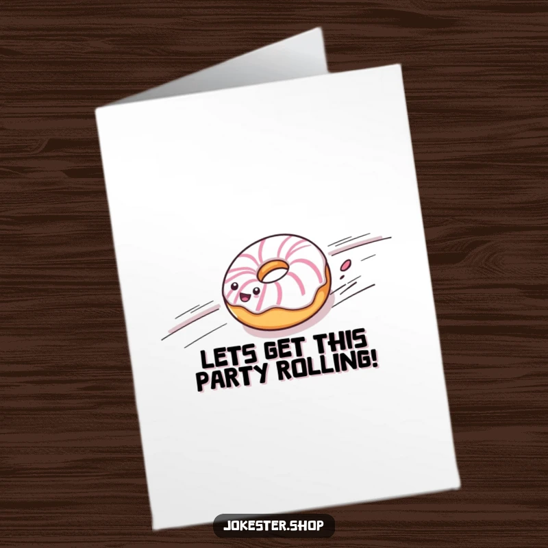 Funny Free Printable Birthday Card: Cheerful striped donut rolling downhill fast, hilarious DIY gift.