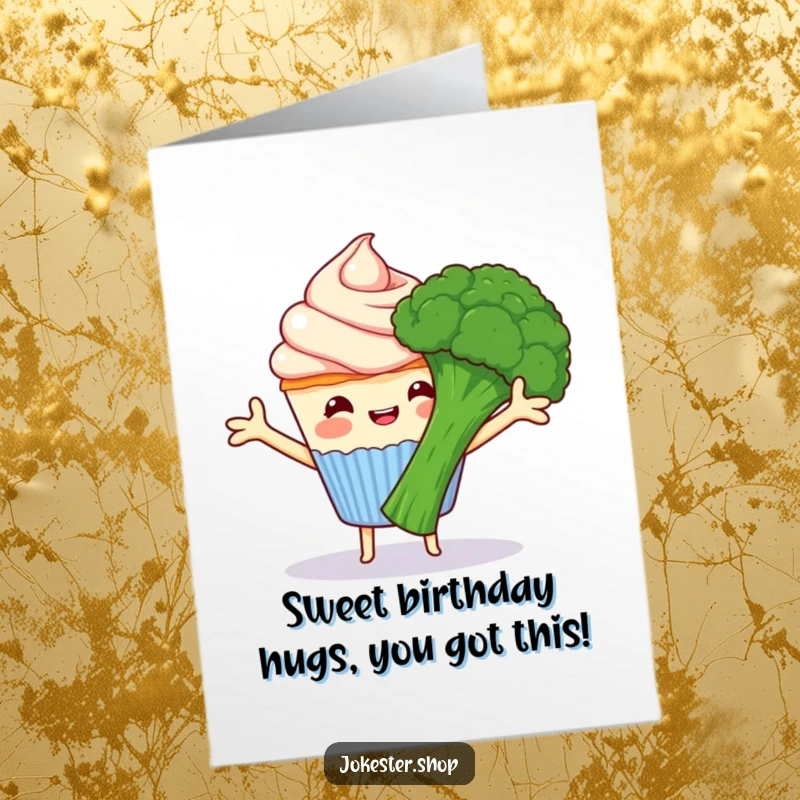 Funny Free Printable Birthday Card: Happy cupcake with frosting arms reaching for a grumpy broccoli, a hug attempt, hilarious for birthdays.