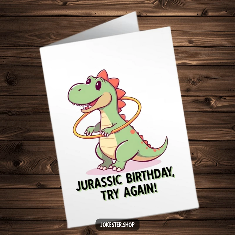 Funny Free Printable Birthday Card: Clumsy dinosaur attempts hula hoop, hilariously falls over, perfect for a laugh.