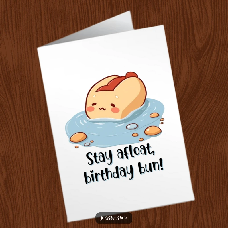 Funny Free Printable Birthday Card: Bewildered hot dog attempting to swim in a small puddle, hilarious DIY.