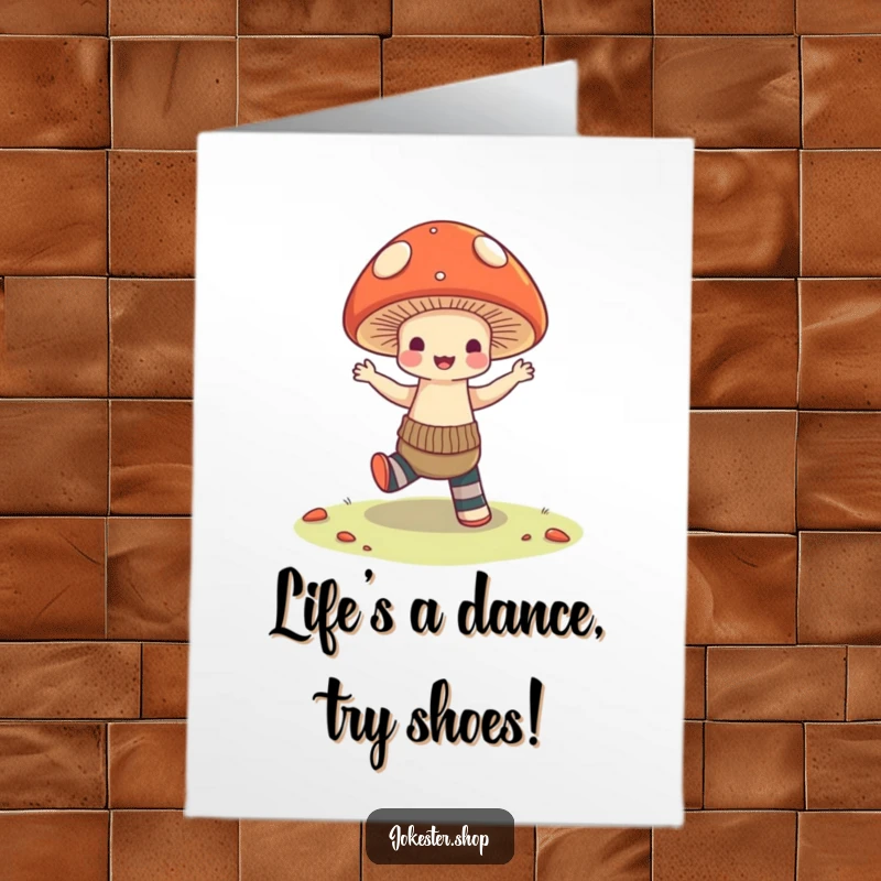 Funny Free Printable Birthday Card: A mushroom with mismatched socks awkwardly attempts a dance move, spreading cheer.