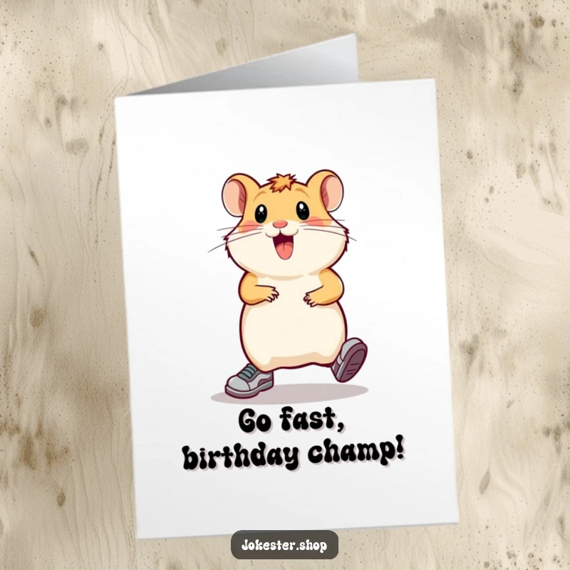 Funny Free Printable Birthday Card showing a happy hamster in running shoes comically sprinting in place, ready for fun.