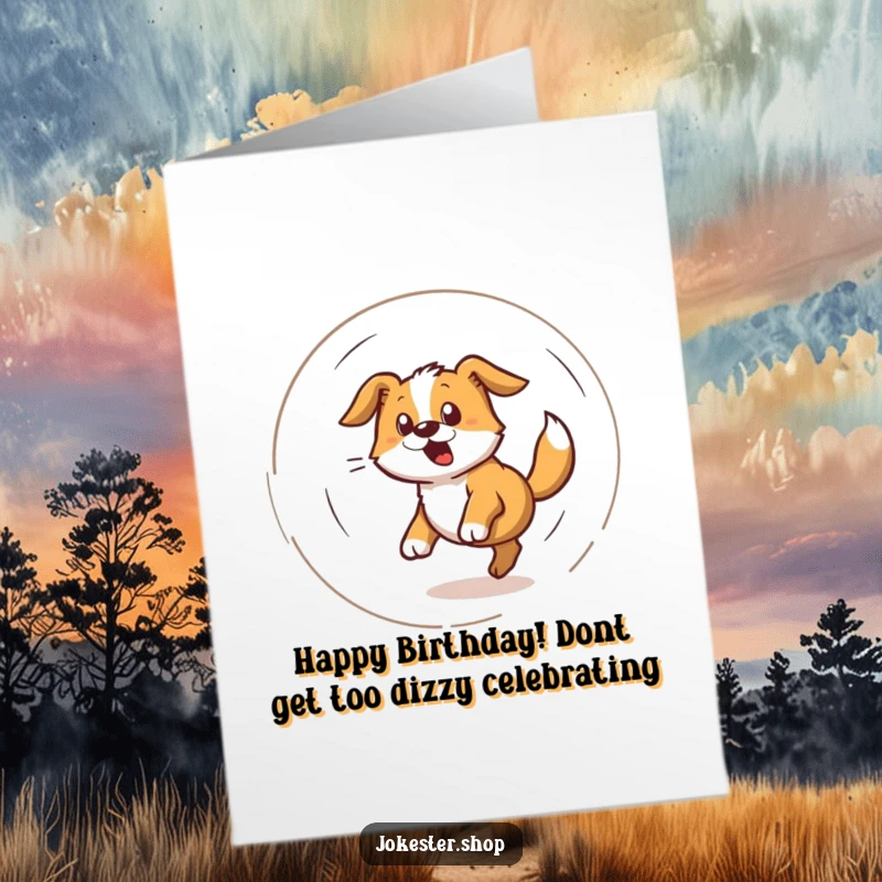 Funny free printable birthday card depicting a bewildered dog spinning in a dizzying spiral while chasing its tail.