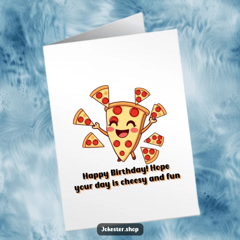 Funny free printable birthday card featuring a smiling pizza slice expertly juggling multiple pepperoni slices with joy.