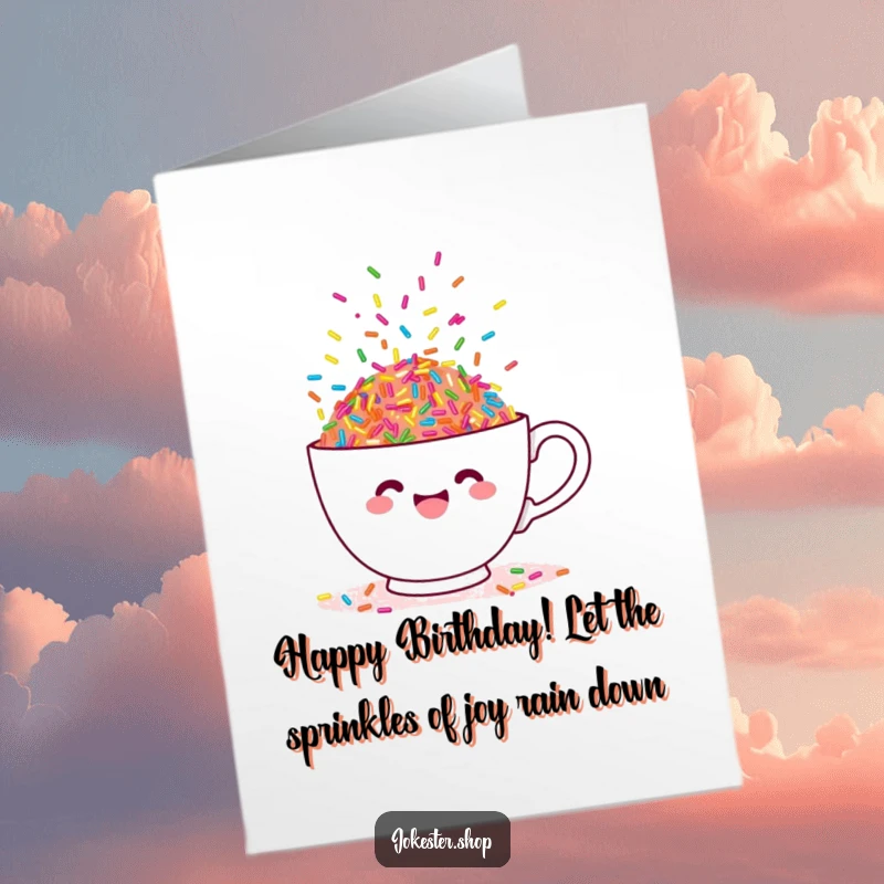 Funny free printable birthday card featuring a happy teacup overflowing with vibrant, dancing sprinkles for a festive occasion.