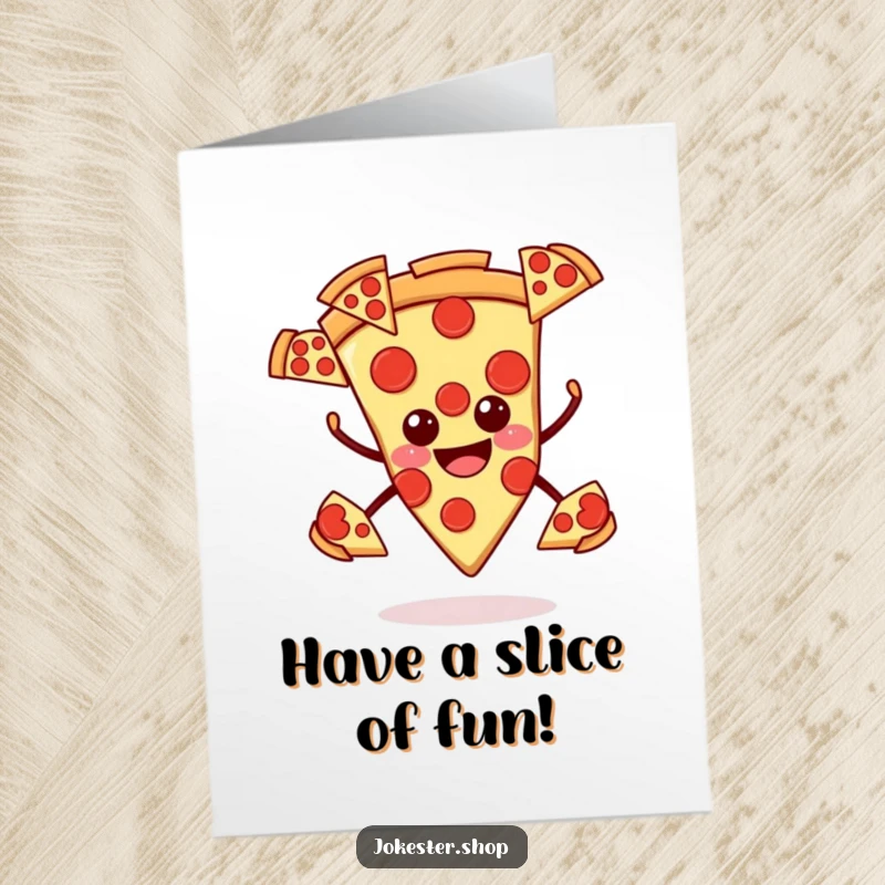 Funny Free Printable Birthday Card: Smiling pizza slice juggling multiple pepperoni slices with a cheerful expression.