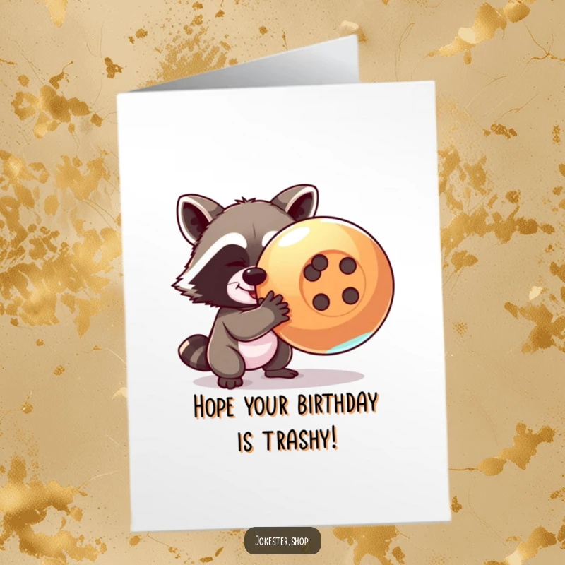 Funny Free Printable Birthday Card: A mischievous raccoon attempts to steal a giant, shiny button, looking sly and determined.