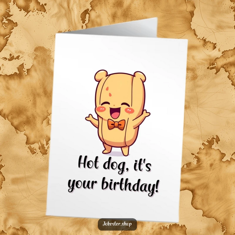 Funny Free Printable Birthday Card: A giggling hot dog in a bow tie busts a move, celebrating a special day.
