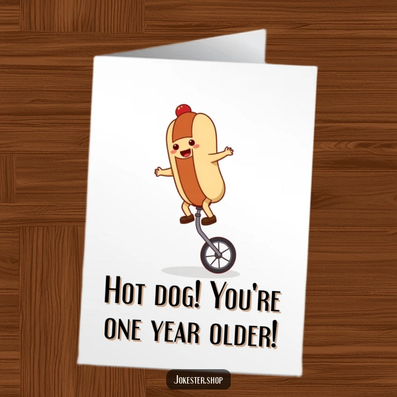 Funny Free Printable Birthday Card: Smiling hot dog character hilariously balancing on a unicycle with determination.
