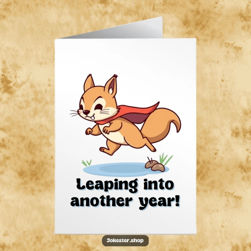 Funny Free Printable Birthday Card: Determined squirrel in superhero cape leaping over a puddle, celebrating.