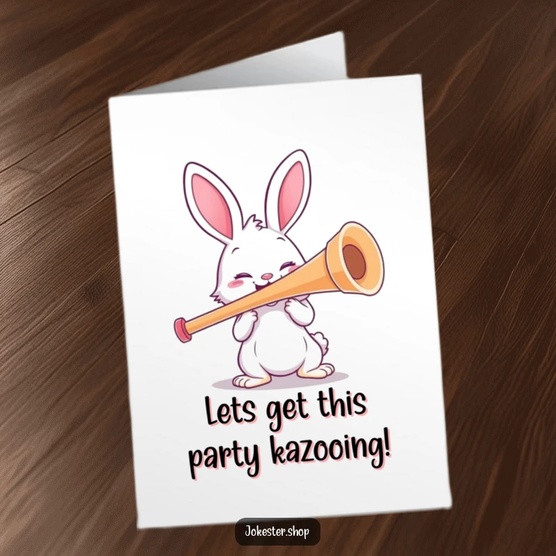 Funny free printable birthday card of a cheerful rabbit struggling to play an enormous kazoo, making a hilarious musical mess.