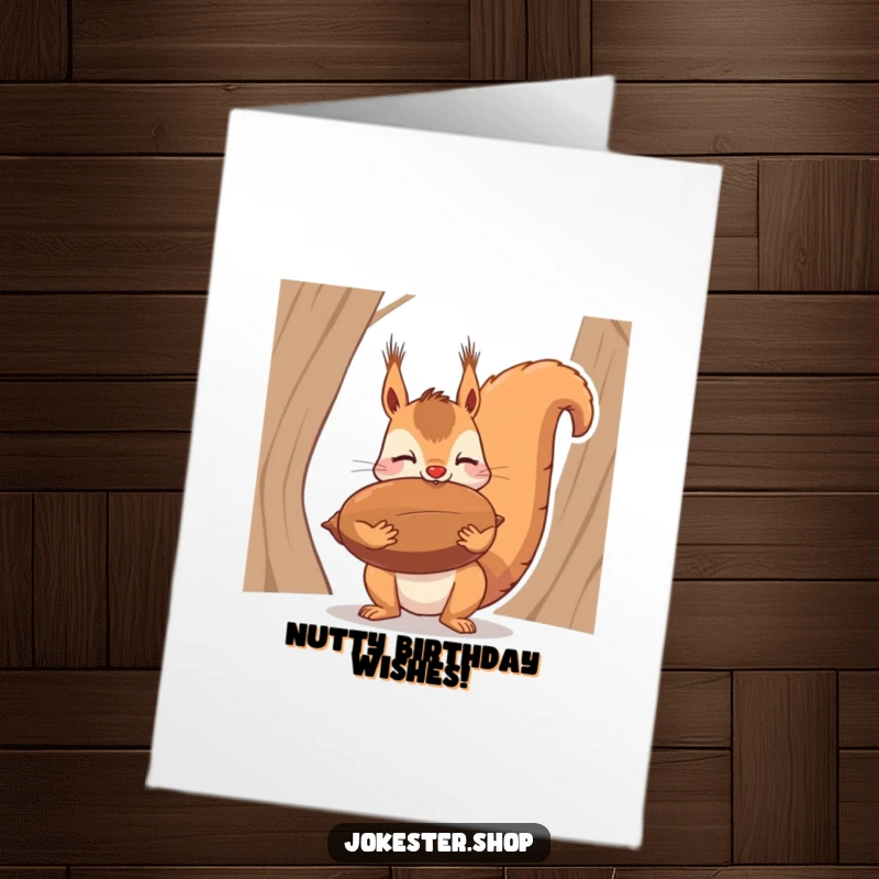 Funny Free Printable Birthday Card features a determined squirrel hilariously balancing a giant nut precariously on its nose.