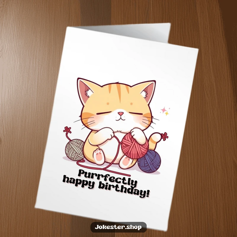 Funny Free Printable Birthday Card: Sleepy cat attempting to juggle yarn balls before nodding off, celebrating a birthday with humor.