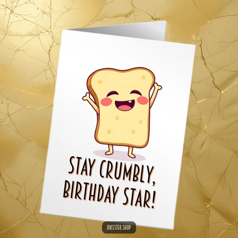 Funny Free Printable Birthday Card: Giggling toast slice wobbles attempting a handstand, a delightfully unstable celebration.