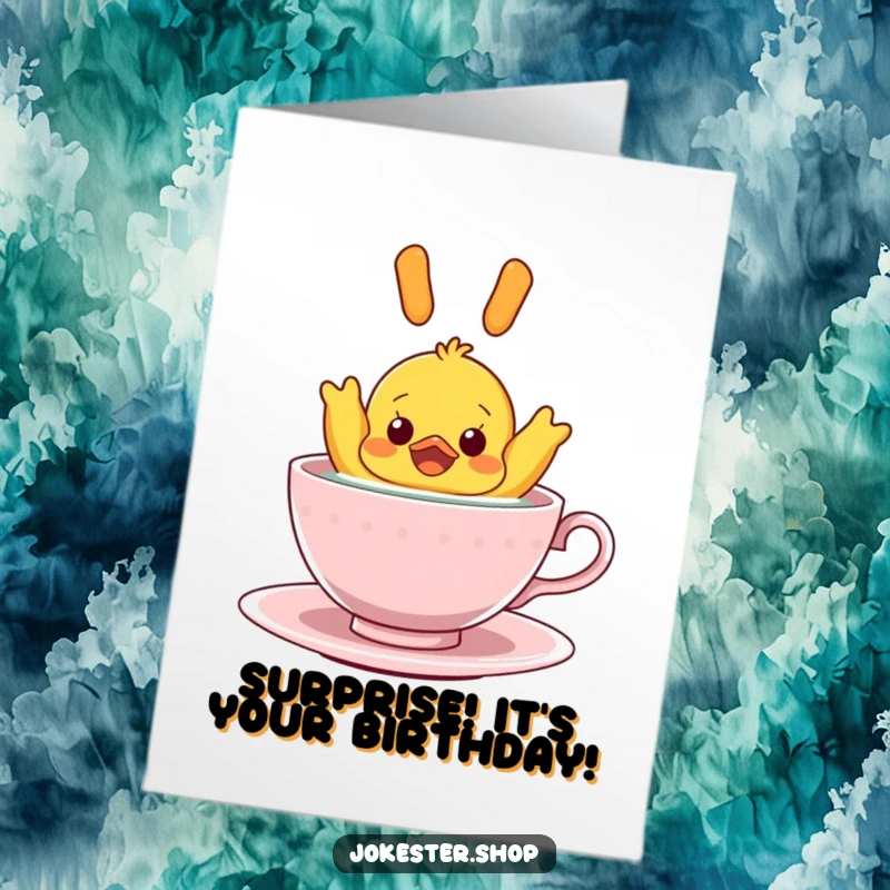 Funny Free Printable Birthday Card: A rubber ducky looks utterly surprised floating upside down in a teacup.