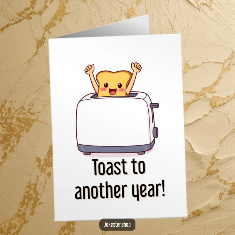 Funny Free Printable Birthday Card: A cheerful piece of toast leaping from a toaster, arms up in victory, a funny downloadable.