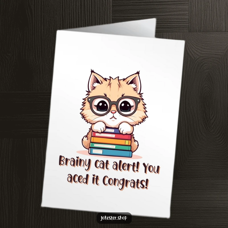 Funny free printable congratulations card showing a smart cat in glasses celebrating an achievement with a stack of books.