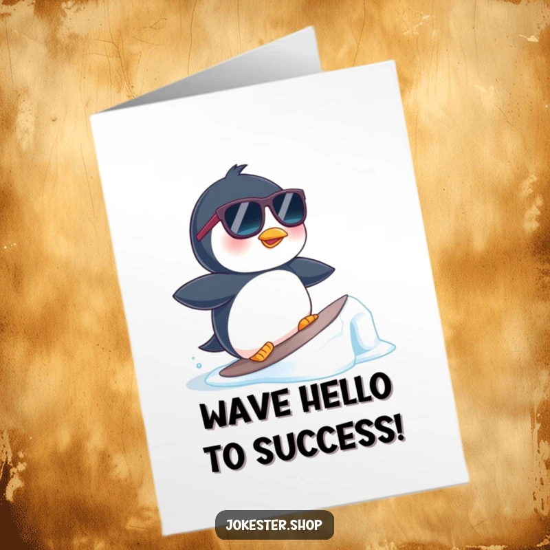 Funny Free Printable Congratulations Card: A penguin in sunglasses confidently surfs a small ice floe, celebrating success.