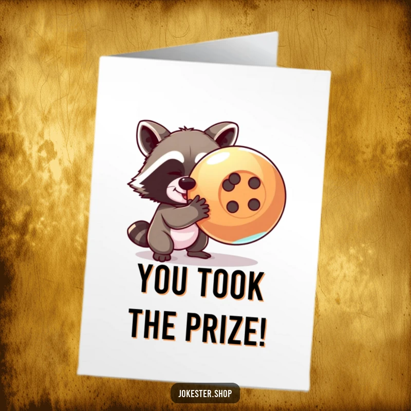 Funny Free Printable Congratulations Card: A mischievous raccoon successfully steals a giant, shiny button, symbolizing a prized accomplishment.