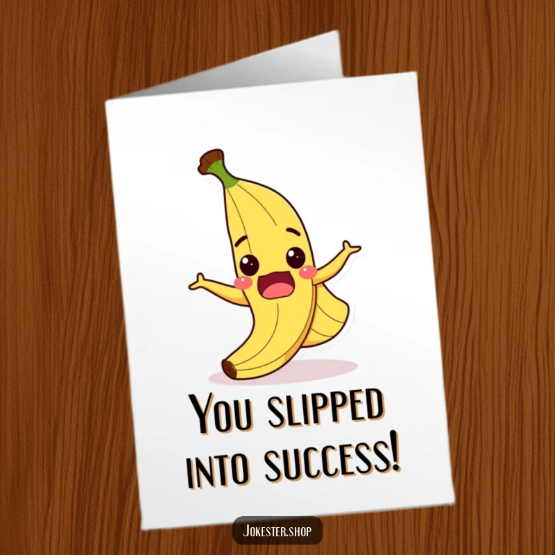 Funny Free Printable Congratulations Card: A surprised banana peel with a wide grin, slipping comically on its own peel.
