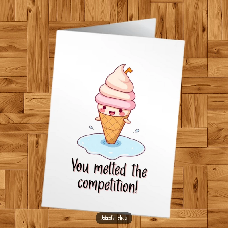 Funny Free Printable Congratulations Card: Happy ice cream cone lands in its puddle, a comical twist of fate.