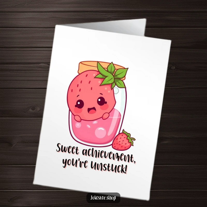 Funny Free Printable Congrats Card: Cheerful strawberry character surprised inside a jam jar, a funny way to congratulate.